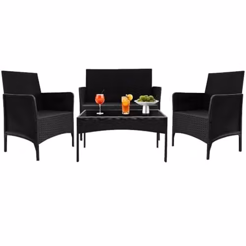 Alivio 4 Piece Rattan Furniture Set in Black with Coffee Table, 2 Seater Sofa, Armchairs and Cushions for Garden, Terrace or Balcony – 1