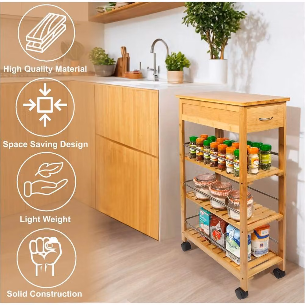 FORGEVIO 4 Tier Slim Portable Bamboo Kitchen Trolley in Natural Brown Wood with Castors – 2