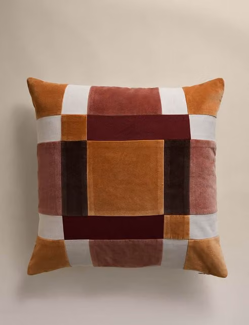 M&S Velvet Patchwork Square Cushion in Rust Mix Multicolour with Removable Cotton Cover