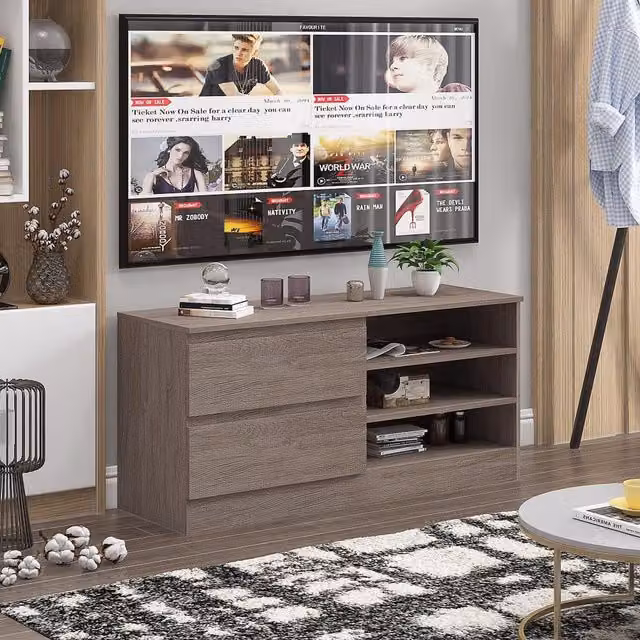 FWStyle Rustic Oak Large TV Entertainment Unit with Drawer and Shelves in Brown – 1