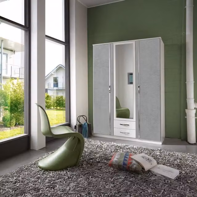 Tjs Duo Modern 3 Door Wardrobe in White and Grey with Mirror, Drawers and Shelves