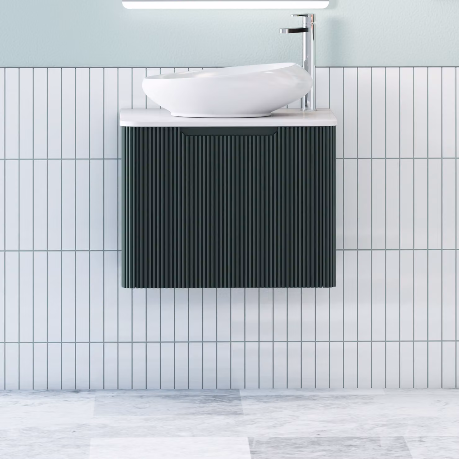 Royal Bathrooms Avenza Wall Hung Vanity Unit with Nova Basin, Moss Green and Plain White Worktop