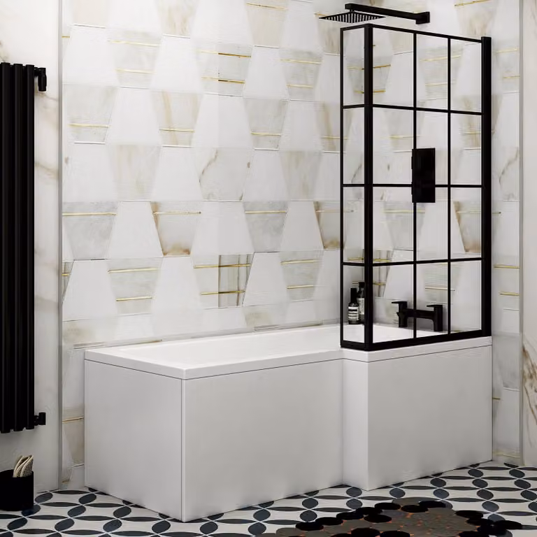 Qubix Right Hand L Shaped Asymmetric Shower Bath Set with Front Panel, End Panel and Black Framed Shower Screen, White, W: 150 cm, D: 85 cm
