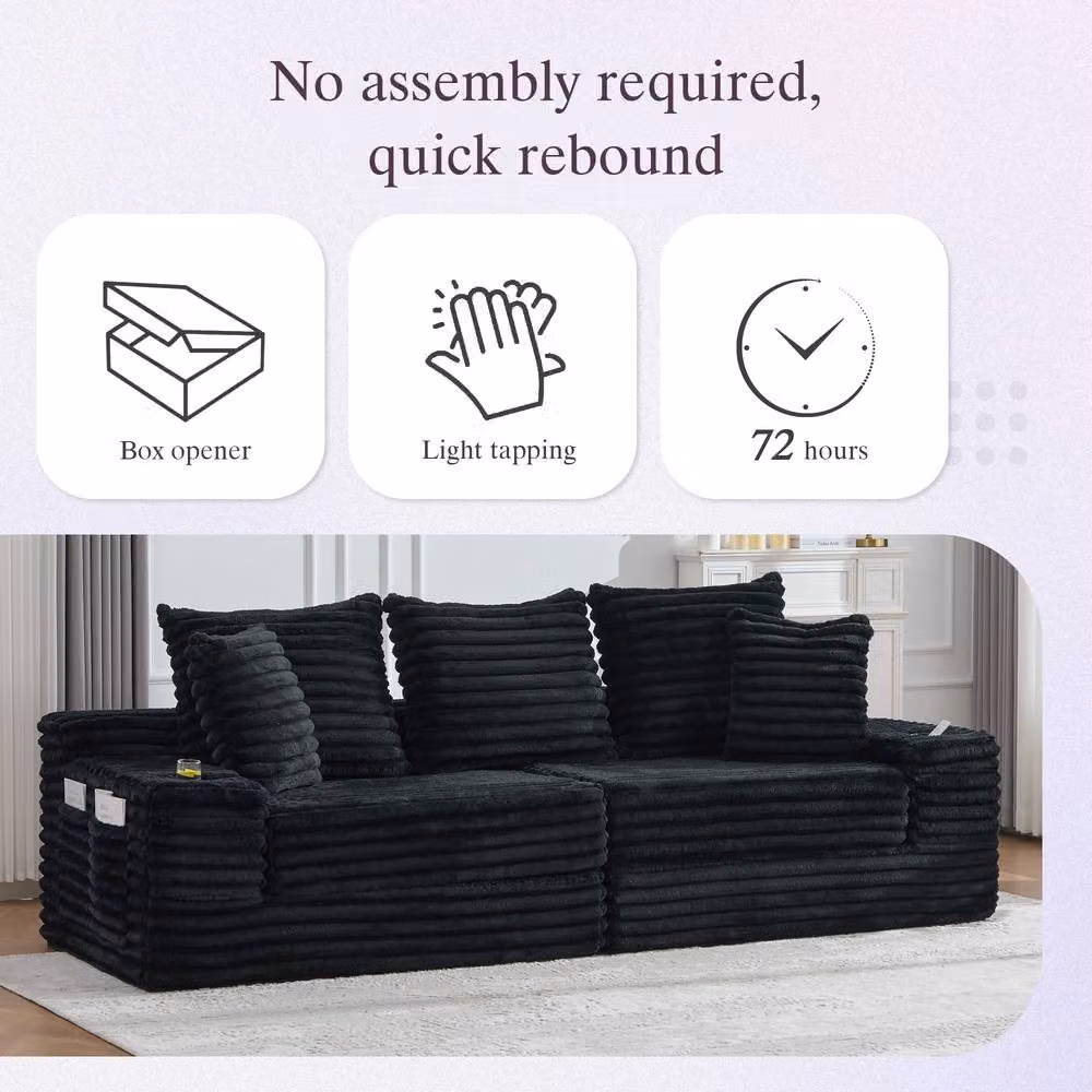 BTM Black Corduroy Sleeper Sofa with Cup Holders and Side Pockets – 7