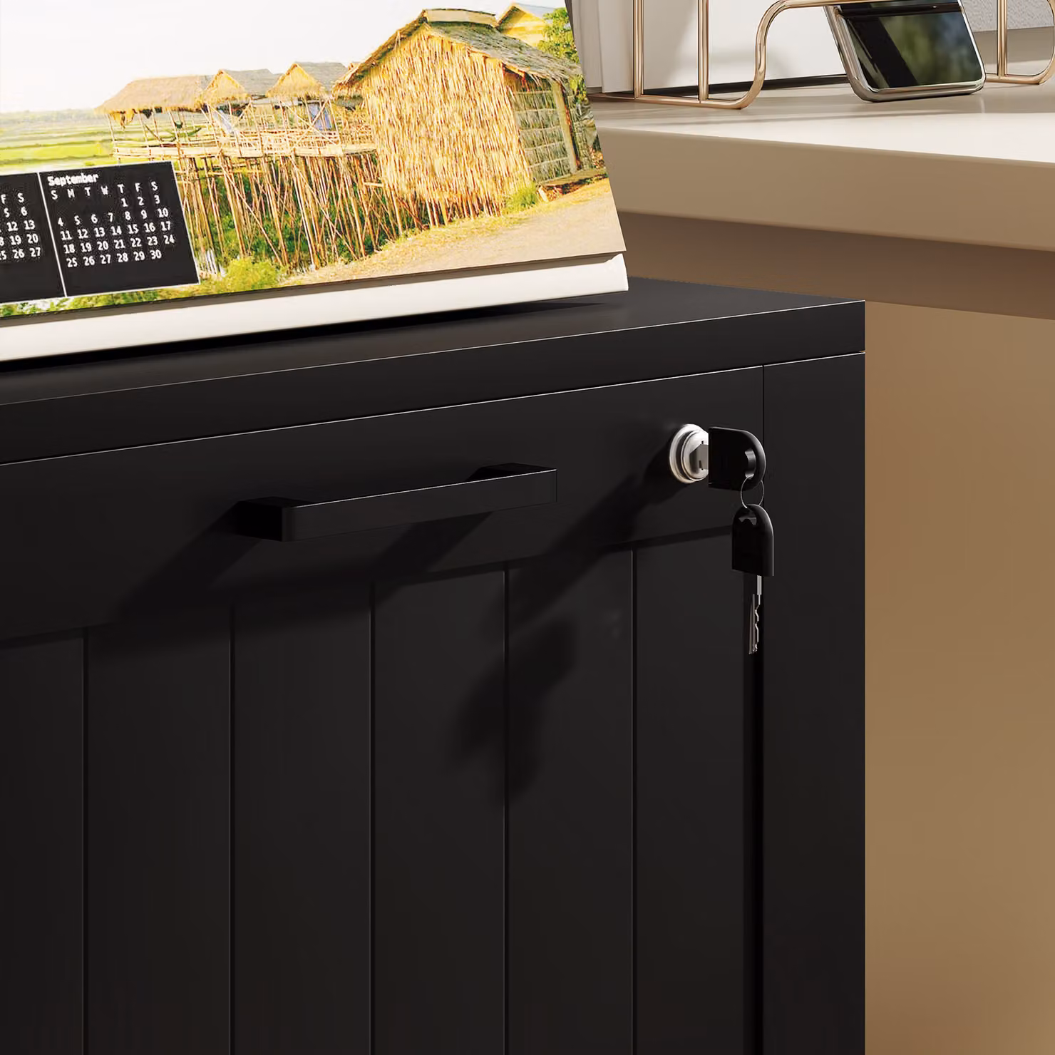 HOMCOM 2 Drawer Black Metal Filing Cabinet with Lock and Adjustable Hanging Bars for A4 and Letter Size Files – 5