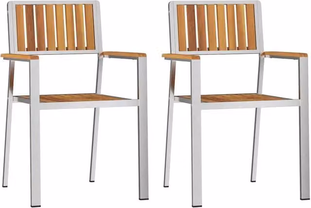 Berkfield Home Set of 2 Stackable Garden Chairs in Silver Acacia Wood and Stainless Steel