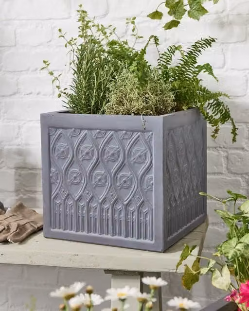 Dibor Grey Small Embossed Fibreclay Outdoor Garden Planter Pot W: 30.0 cm, D: 29.5 cm, H: 30.0 cm