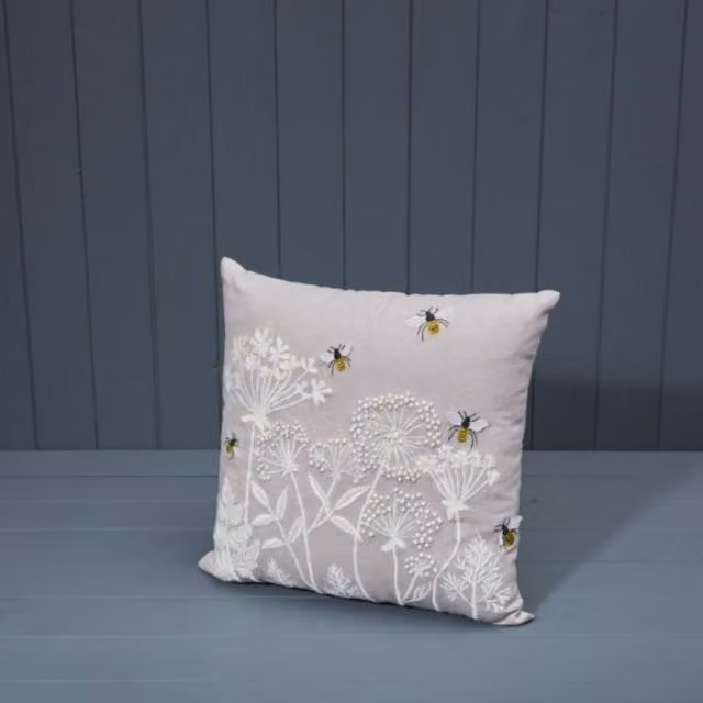 KDMD White and Beige Handmade Square Cotton Embroidered Floral Cushion with Filling