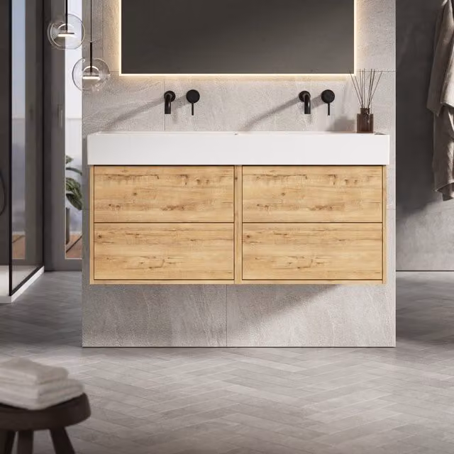 Banyetti Venti 1200mm Wall Hung Vanity Unit with Veneto No Tap Hole Basin in Ostippo Light Oak, W: 120 cm, D: 45 cm, H: 48 cm
