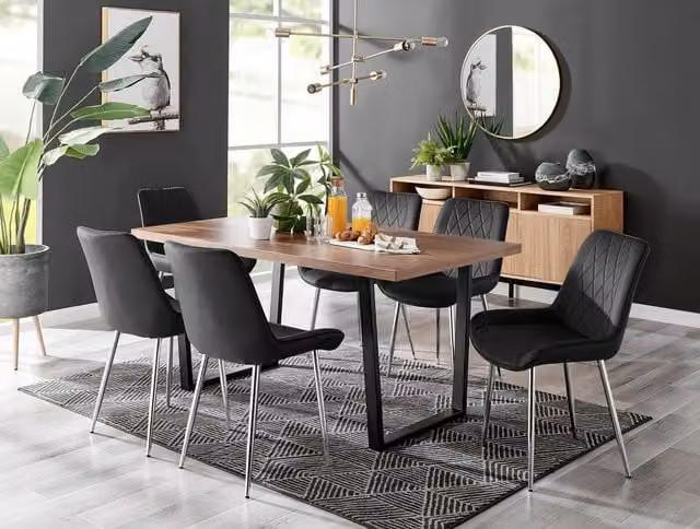 FurnitureboxUK Kylo Brown Wood Effect Dining Table and 6 Black Pesaro Velvet Chairs with Silver Legs – 1