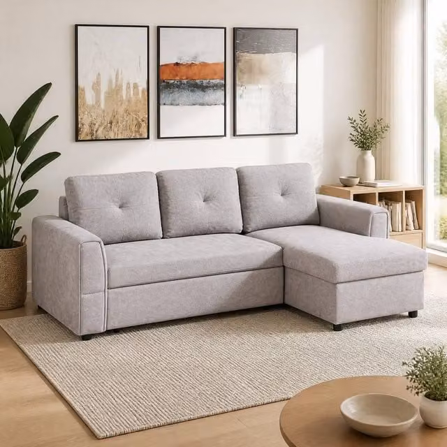 STILVORA Grey Fabric L-Shape Sofa Bed with Storage and Pull Out Frame – 1