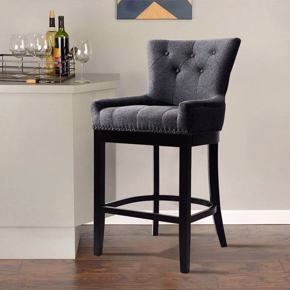 KORVIXA Modern Breakfast Bar Stool with Grey Linen Padded Seat – 3