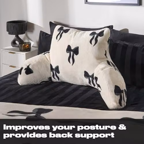 OHS Bow Print Cuddle Cushion in Black and White, Soft Fleece Reading Pillow, W/D/H: 65 x 40 x 40 cm – 2