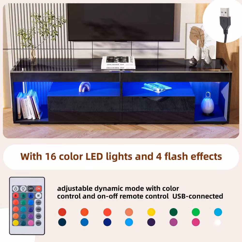 ModernLuxe High Gloss TV Cabinet with LED Lights, Glass Top and 2 Drawers in Black, W: 180 cm, D: 40 cm, H: 46 cm – 6