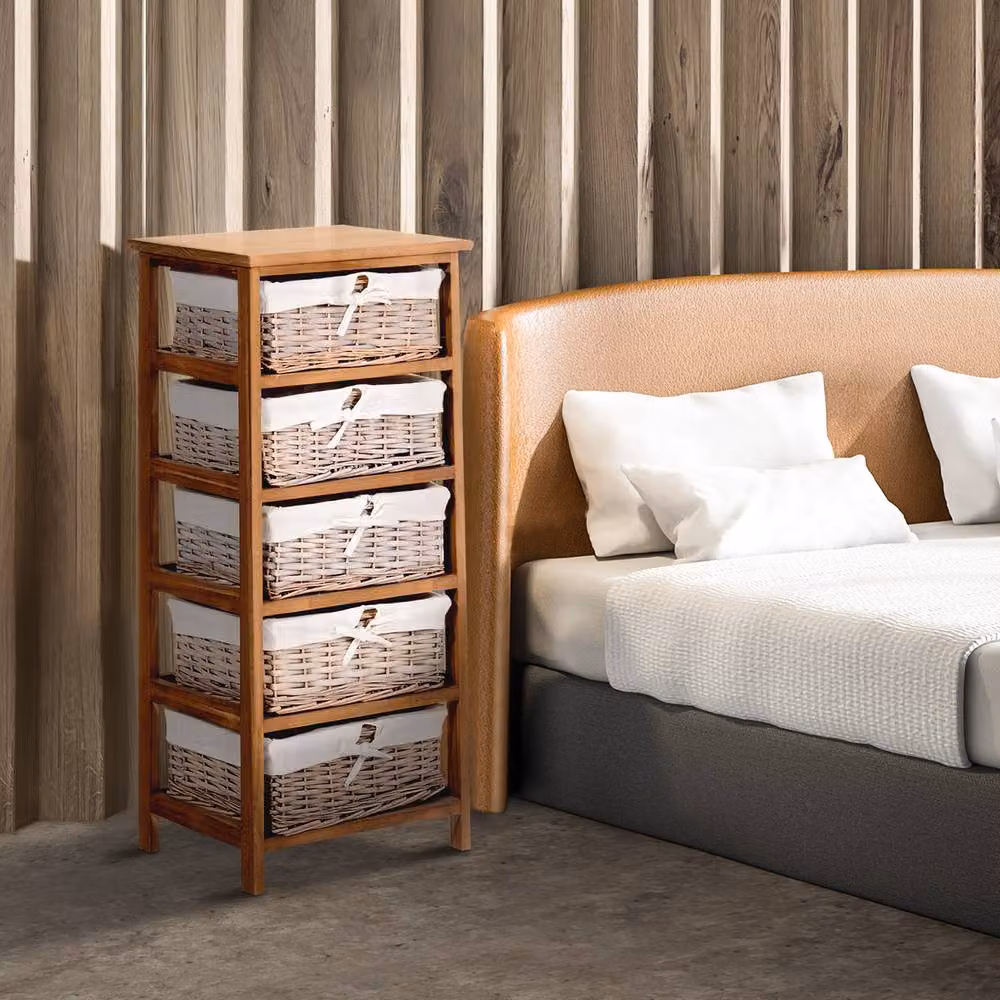 STILVORA 5 Drawer Chest of Drawers with Wicker Baskets in Natural and Beige – 2