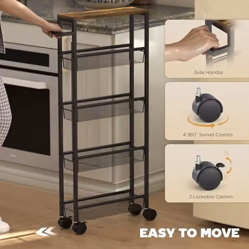 HOMCOM 5-Tier Slim Rolling Storage Trolley in Black with Metal Frame and Castors, W/D/H: 47 x 13 x 96.5 cm – 4