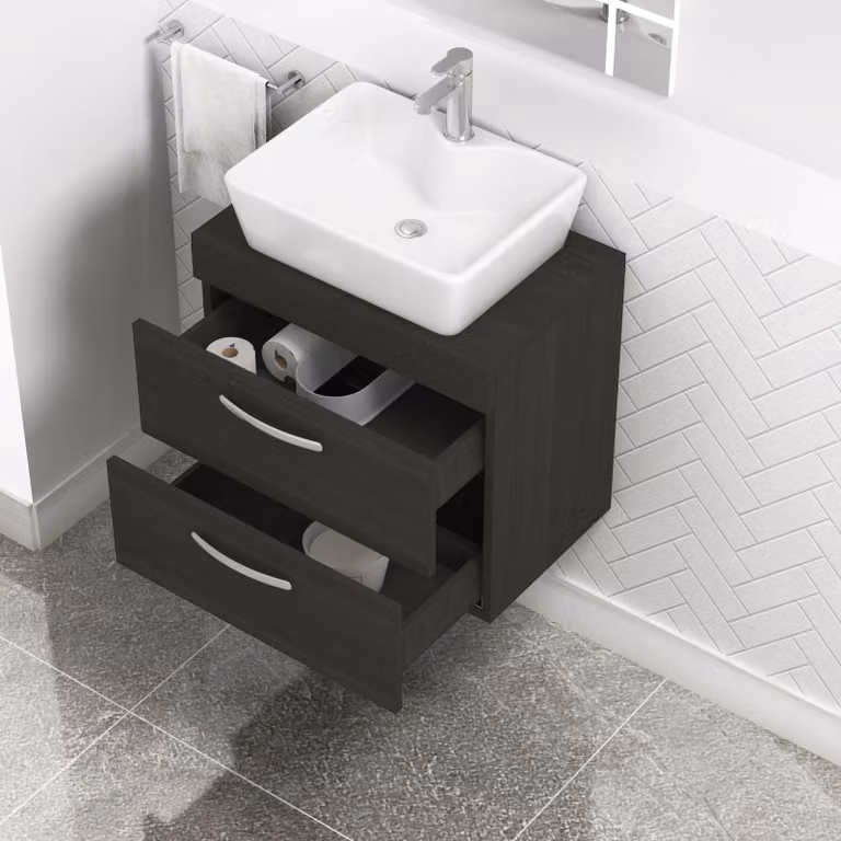 Royal Bathrooms Charcoal Oak Wall Hung Vanity Unit with 2 Drawers and Cube Countertop Basin, Width: 60 cm