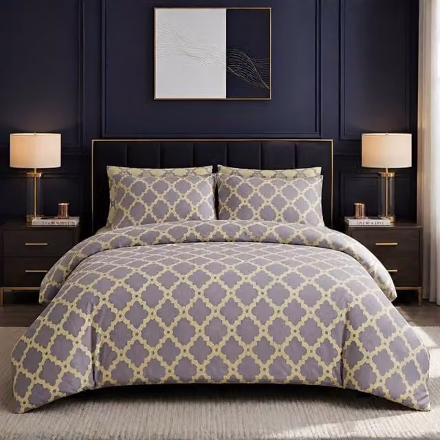 Pamposh Reversible Moroccan Graphic Microfibre Duvet Cover Set in Yellow and Grey, Single (90 x 200 cm) – 1
