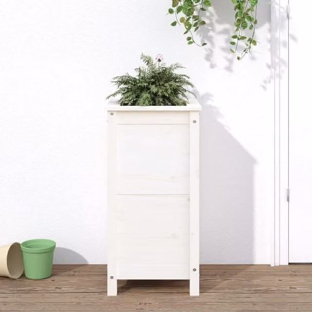 Berkfield Home White Solid Wood Pine Garden Planter Tub W: 40 cm, D: 40 cm, H: 78 cm