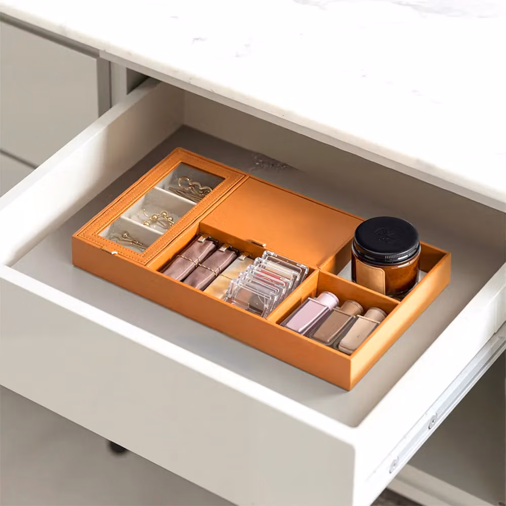 SHEONLY Brown PU Leather Valet Tray and Jewellery Box Organizer with Lid for Desktop Storage – 3