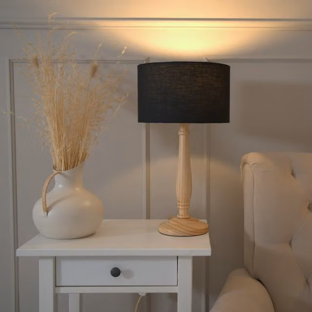 ValueLights Victoria Classic Wood Table Lamp with Black Fabric Cylinder Shade
