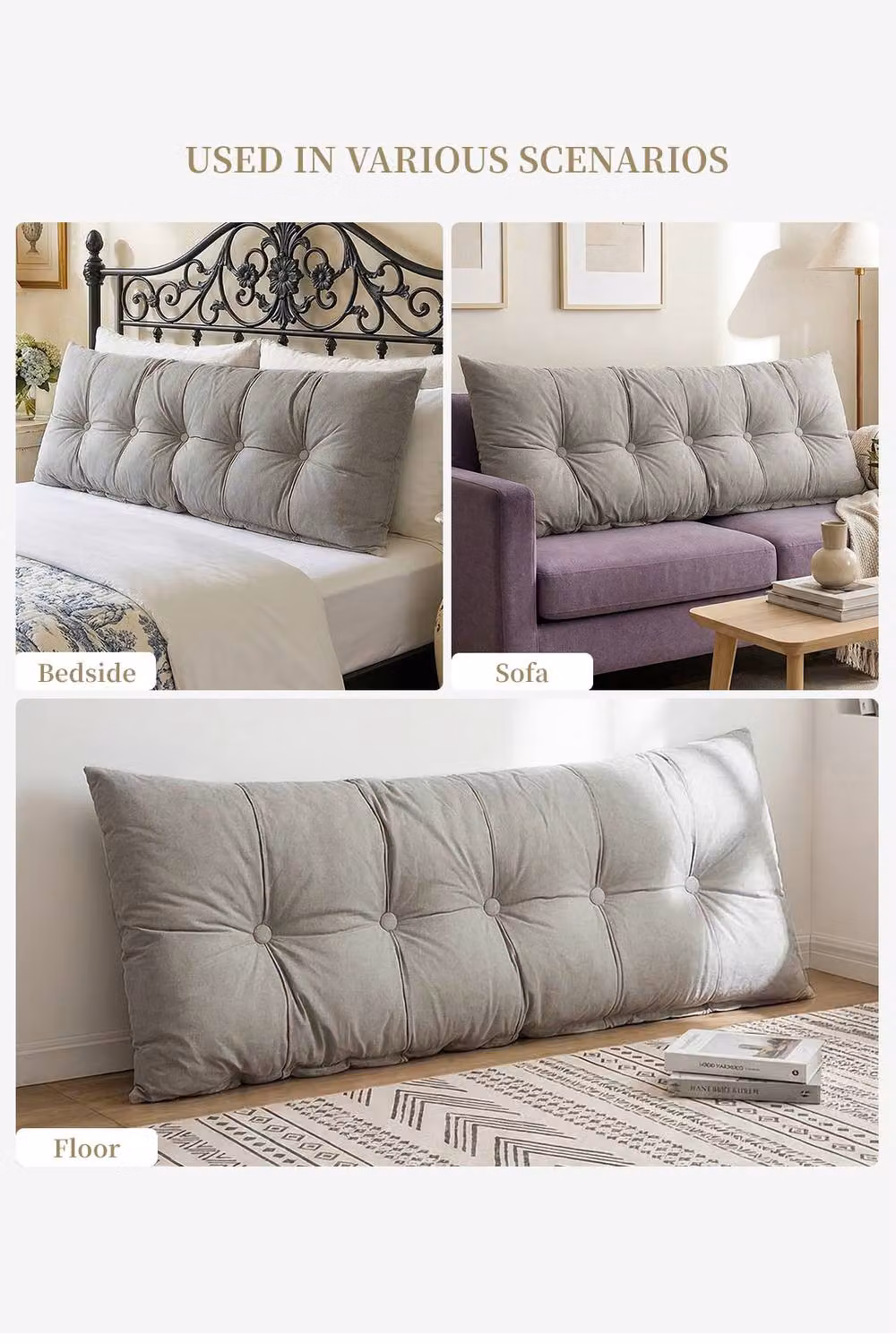 Living and Home Cozy Rectangular Upholstered Headboard Pillow in Grey Chenille and Cotton – 4