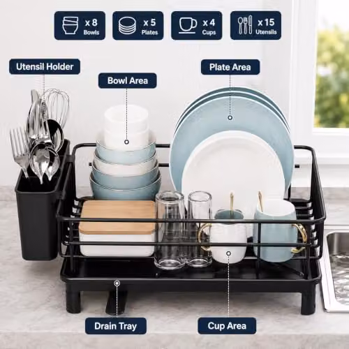 ATEK 1 Tier Stainless Steel Kitchen Dish Drainer Rack in Black with Cutlery Holder and Drip Tray – 3
