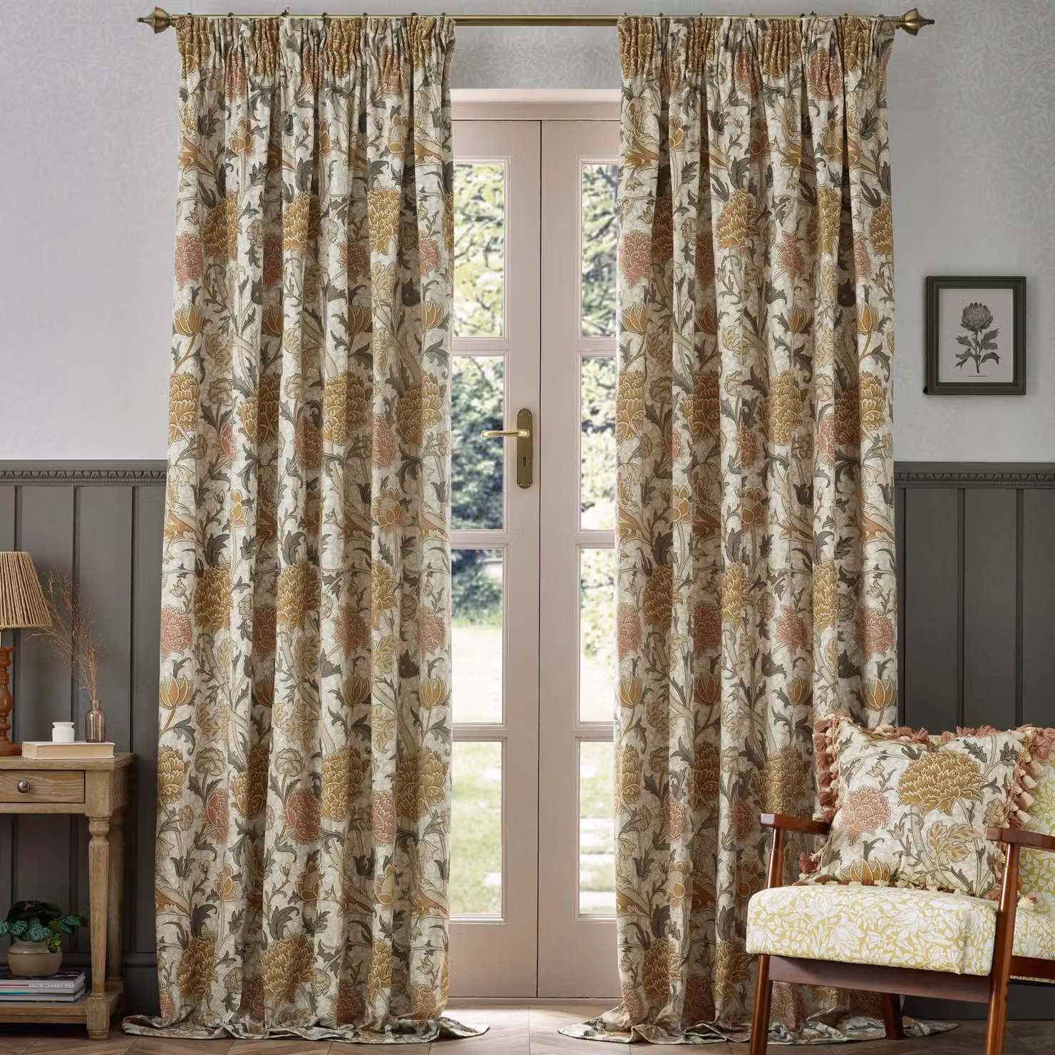 Morris & Co Floral Velvet Room Darkening Pencil Pleat Curtains in Beige and Multicolour, Width: 168 cm, Drop: 137 cm – 2