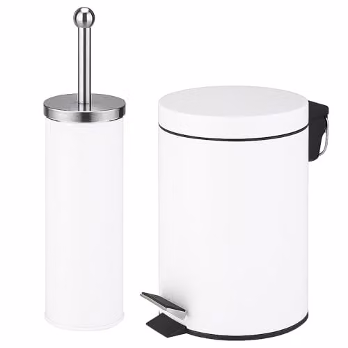 iTrend White 3L Pedal Dustbin and Toilet Brush Set with Holder, Made from Powder Coated Steel and Stainless Steel – 1