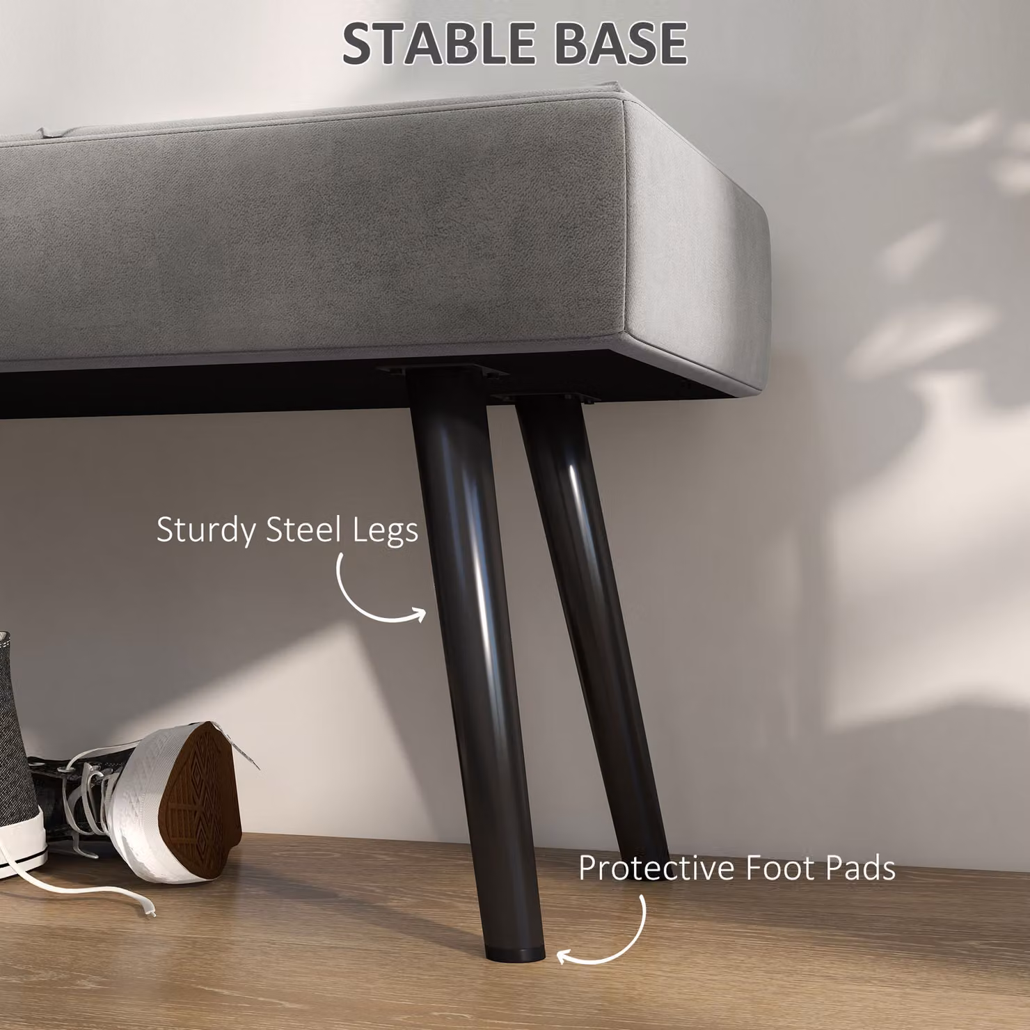 HOMCOM Grey Velvet Upholstered End of Bed Bench with X-Shape Metal Legs for Bedroom or Hallway – 5