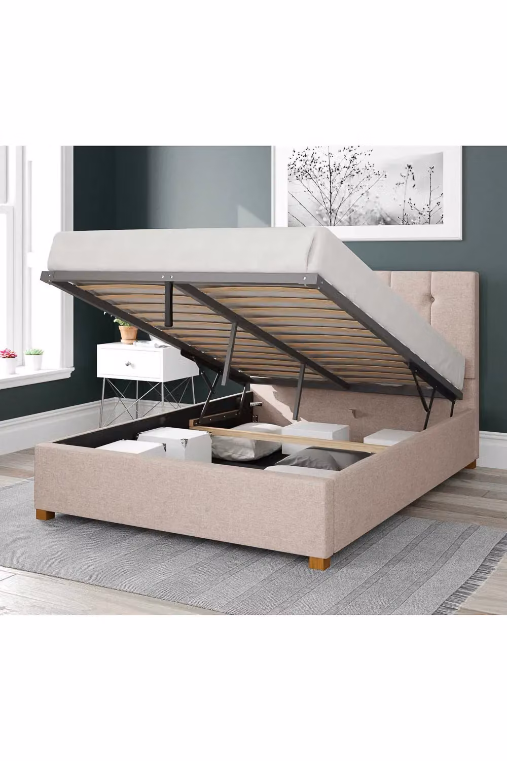 Aspire Hepburn Upholstered Ottoman Storage Bed in Saxon Twill Fabric, Natural, W: 180 cm x D: 200 cm – 2