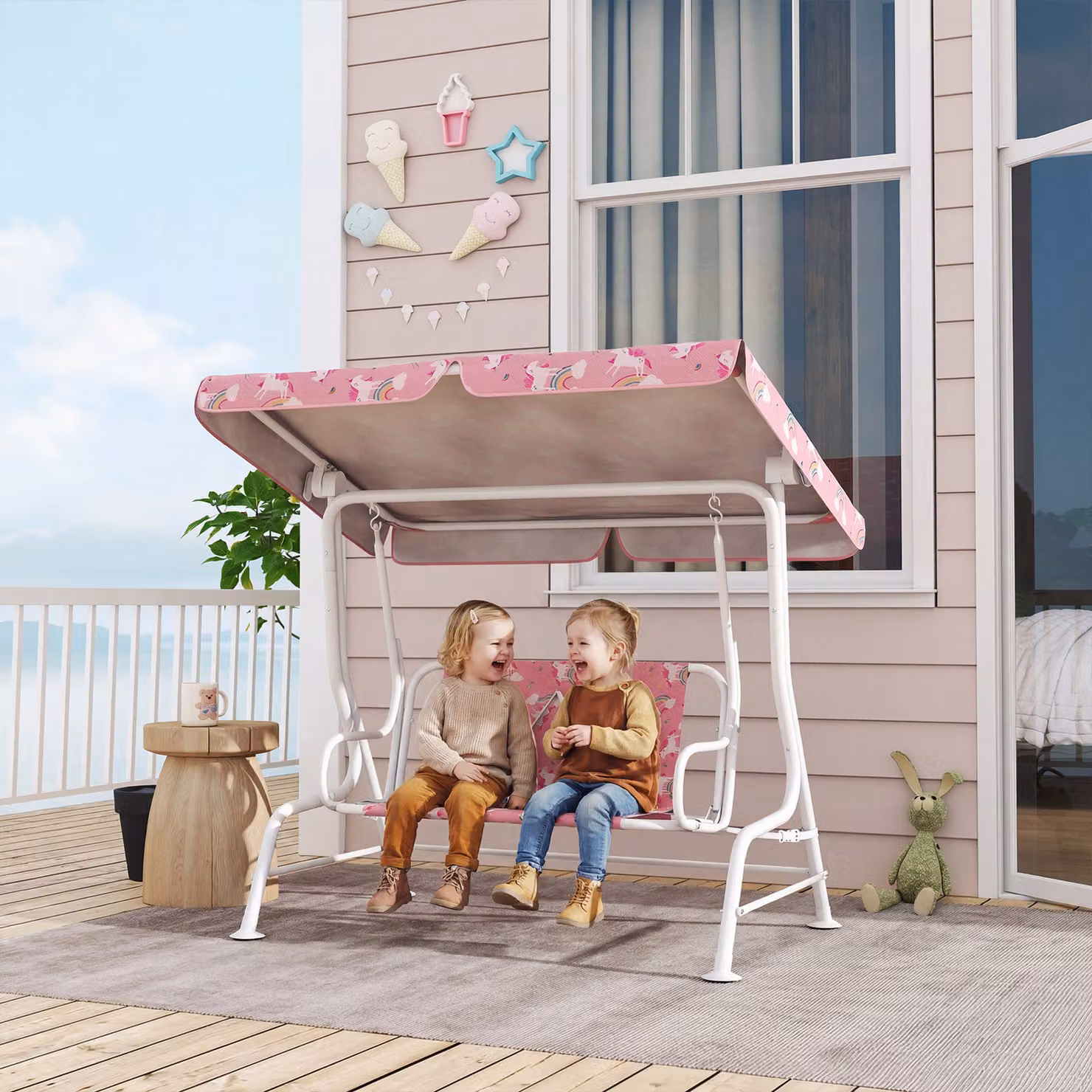 AIYAPLAY 2-Seater Kids Porch Swing Bench with Adjustable Canopy and Seat Belts, Pink – 2