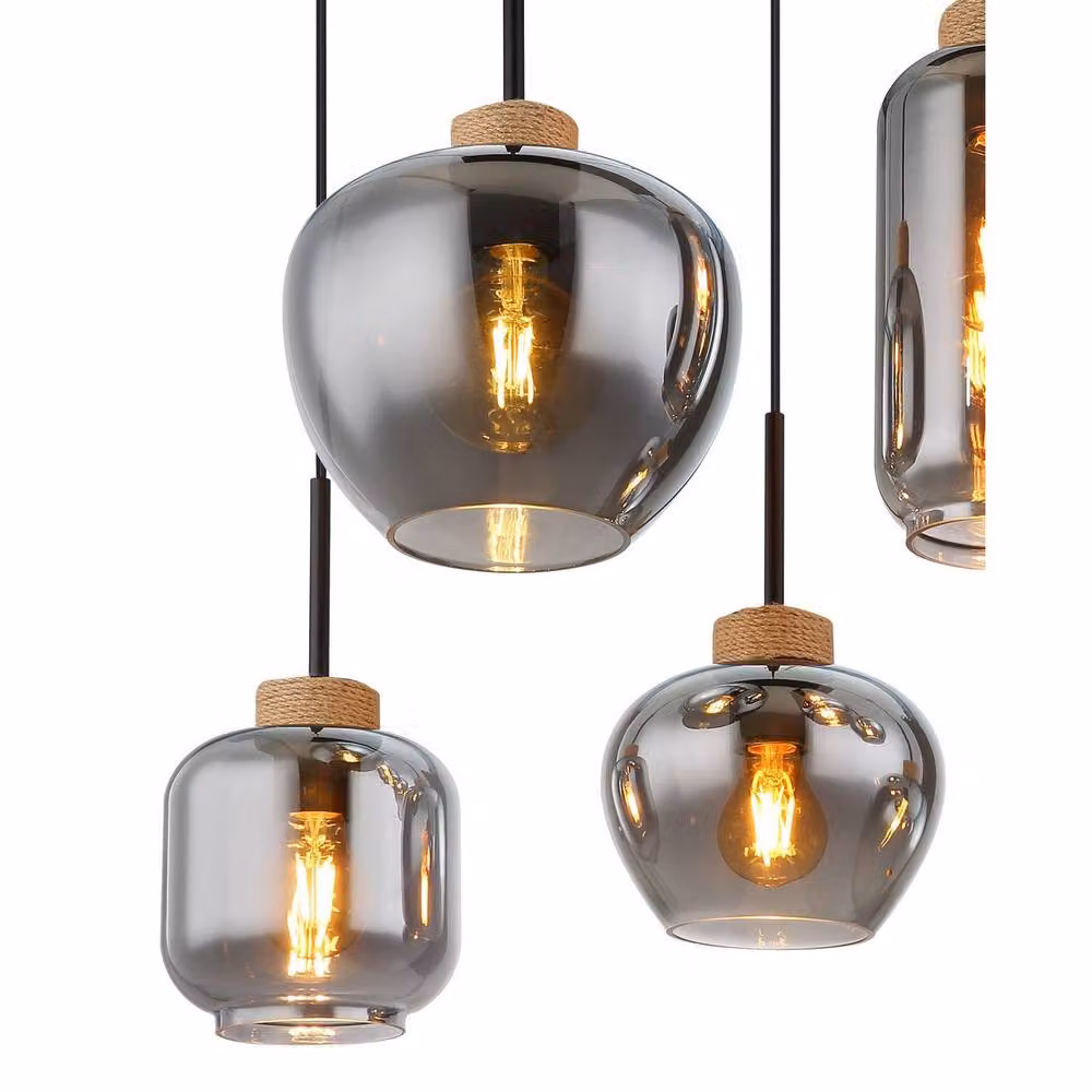 Globo Lighting 6-Light Modern Suspended Pendant Lamp in Matt Black and Wood, W/D/H: 120 x 40 x 40 cm – 3