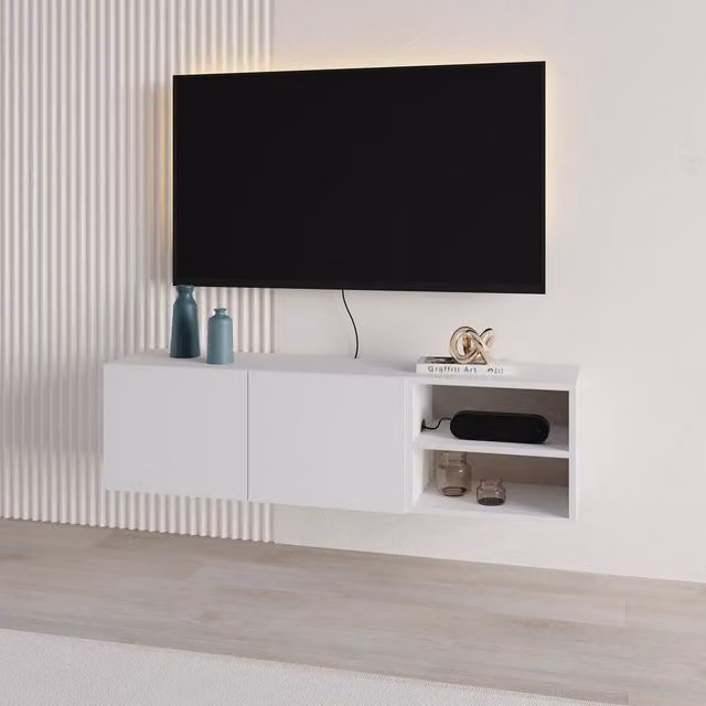 Decortie Conrad Wall-Mounted Floating TV Unit in White with Soft-Close Doors – 1