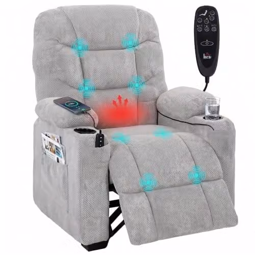 HOMCOM Grey Fabric Electric Massage Recliner Armchair with Heat, Vibration, USB Port and Memory Function