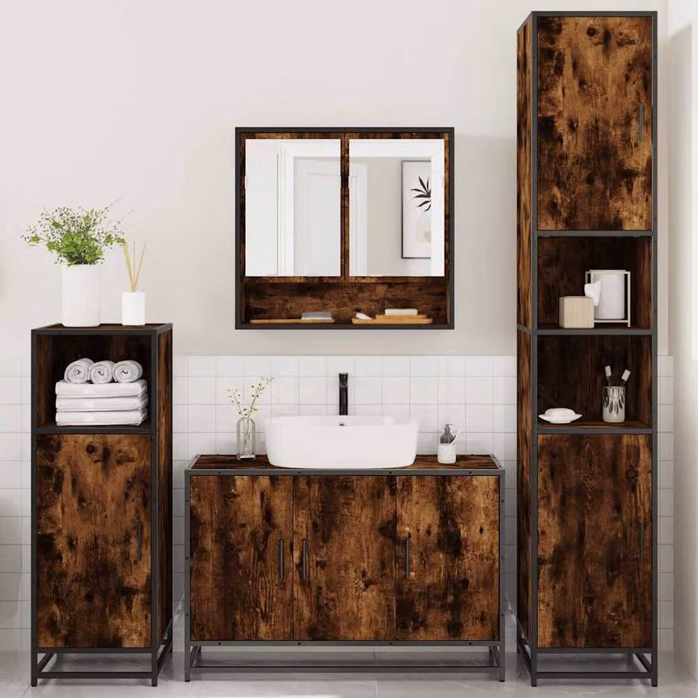 Berkfield Home 4-Piece Industrial Bathroom Furniture Set in Smoked Oak Brown – 3