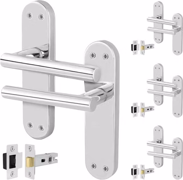 AFIT Chrome T-Bar Door Handle Latch and Backplate Set in Silver, 4 Pairs