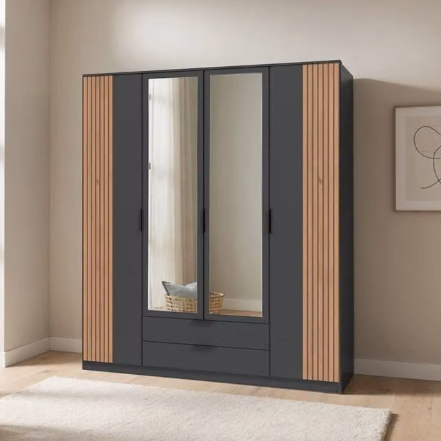 Nameer Graphite and Oak 4 Door Wardrobe with Mirror, W: 180 cm