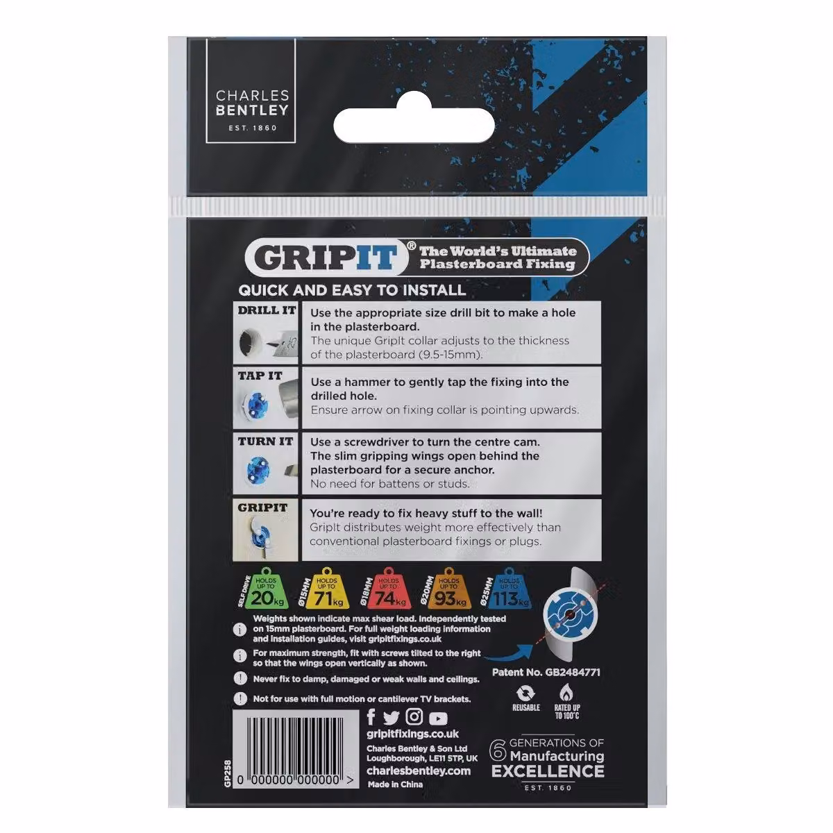 Gripit 25mm Blue Plasterboard Cavity Wall Anchors, 8 Pack – 2