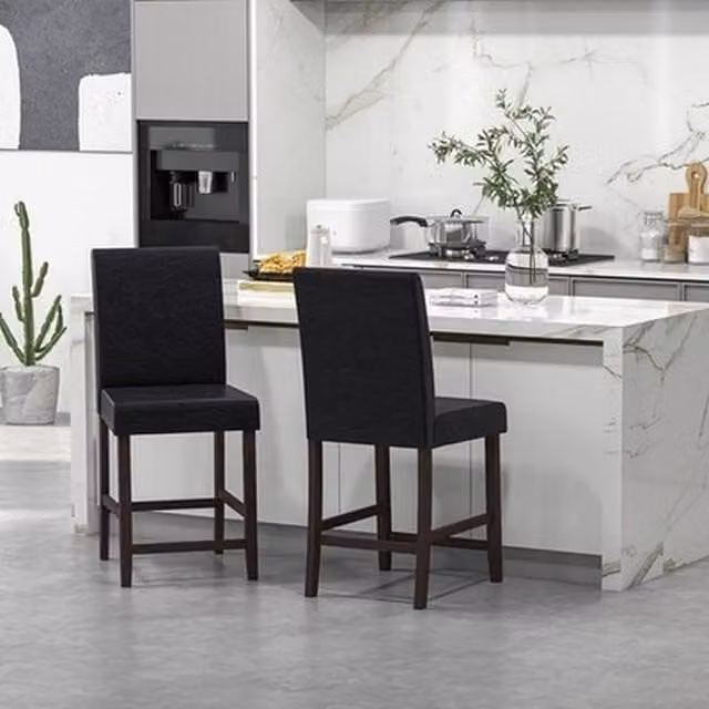 NESTLUNE 2-Pack PU Upholstered Bar Stools in Black with Rubberwood Legs – 1