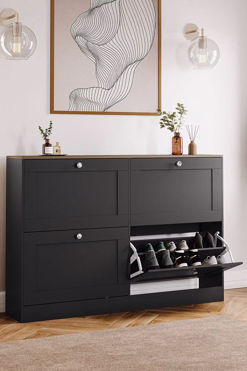 HD Designs Modern Black Matt Flip Down Shoe Cabinet with LED Lighting and Internal Shelves – 7