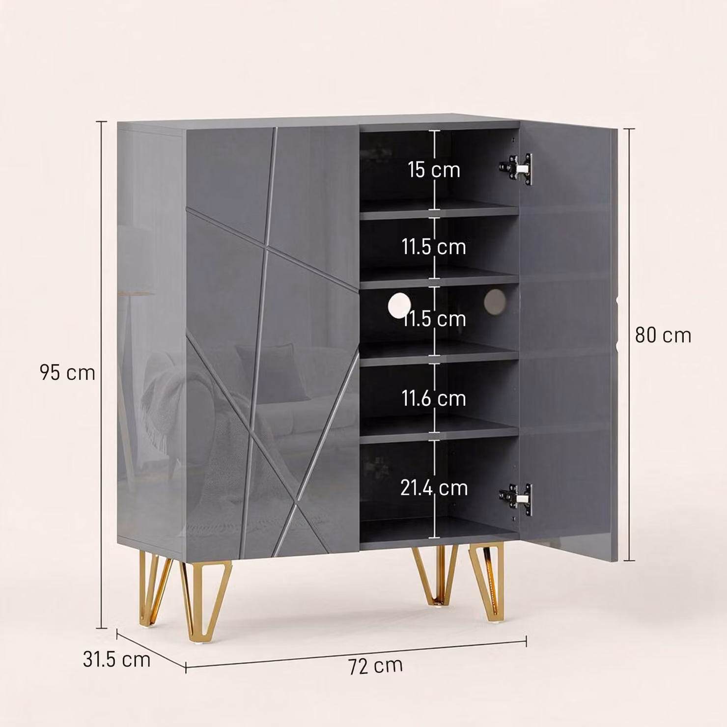 HOMCOM Modern Grey Glossy Narrow Shoe Storage Cabinet with Soft-Close Hinged Doors and Internal Shelves – 3