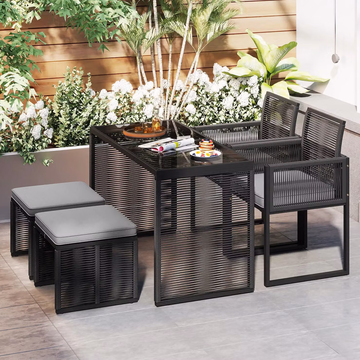 Costway 5 Piece Grey Polyrattan Outdoor Patio Dining Set with Glass Top Table – 9