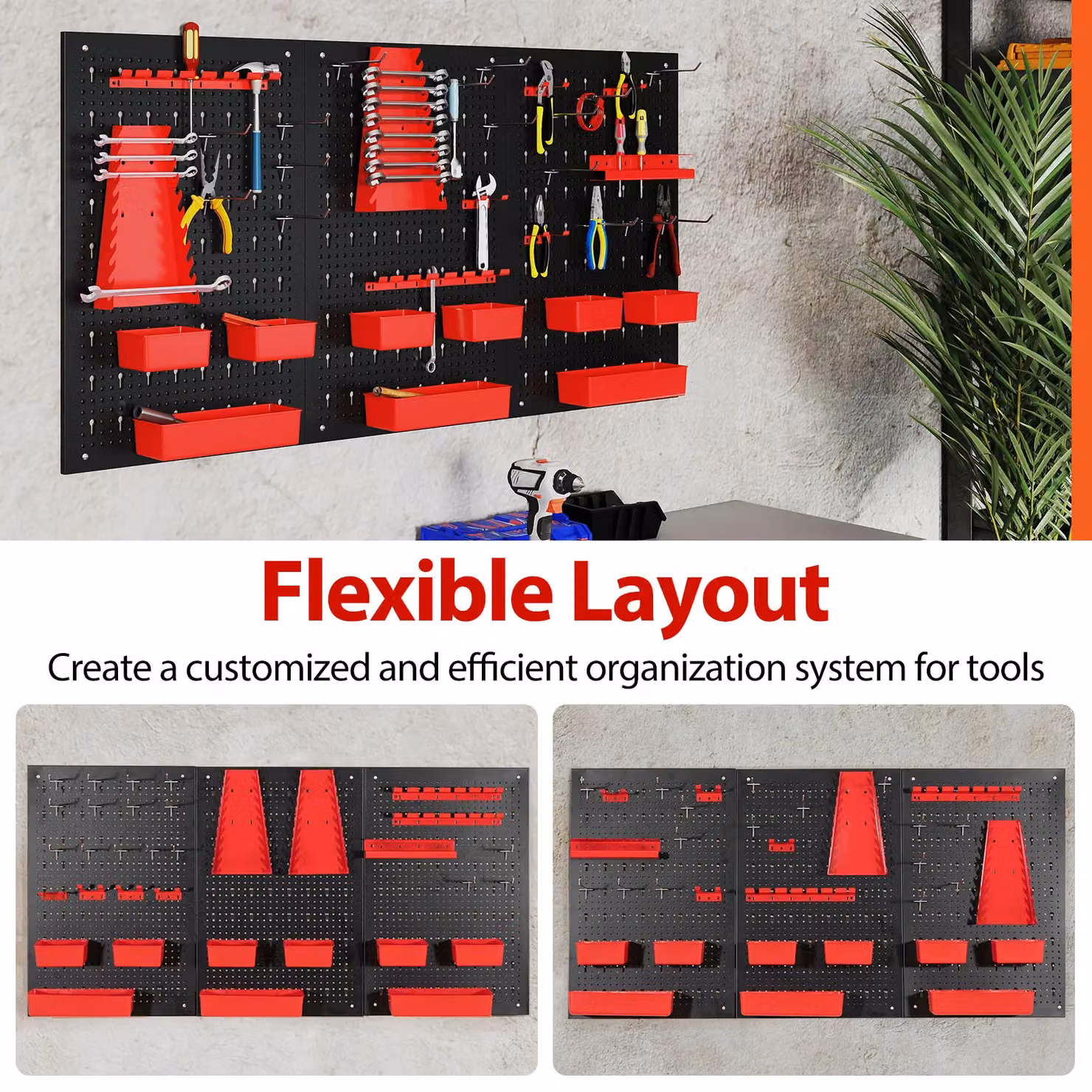 Costway Pegboard Wall Organizer with 9-Bin Parts Rack and Hammer Racks, Red, W/D/H: 120 x 64 x 60 cm – 2