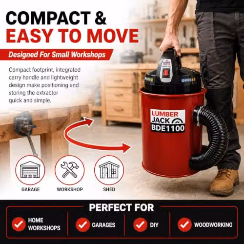 Lumberjack 1100W Woodworking Dust Collector with 50L Drum in Red, W: 100 cm, D: 40 cm, H: 40 cm – 11