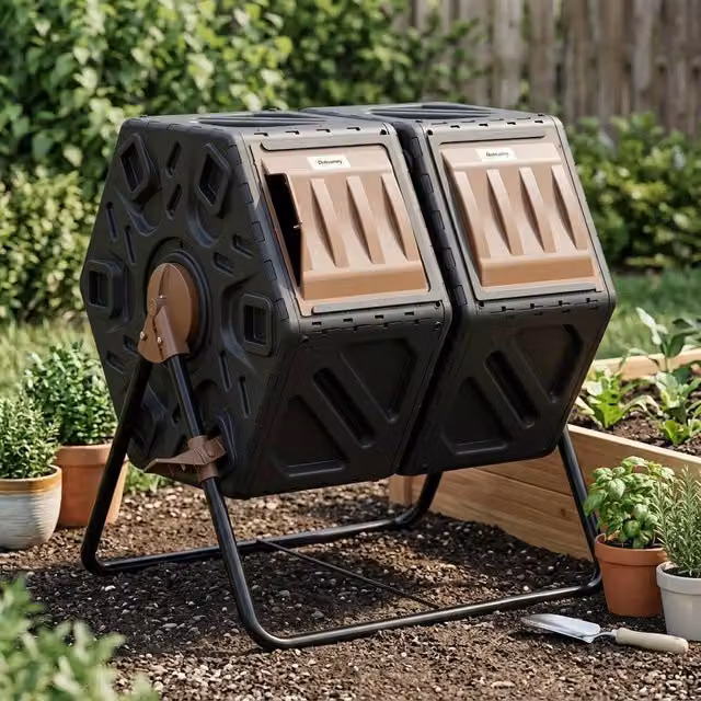 STILVORA Double Chamber Rotating Compost Bin with Flip Lid in Black