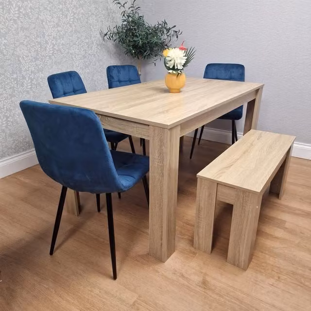 Kosy Koala Modern Oak Effect Dining Set with 4 Blue Velvet Chairs and Bench in Brown