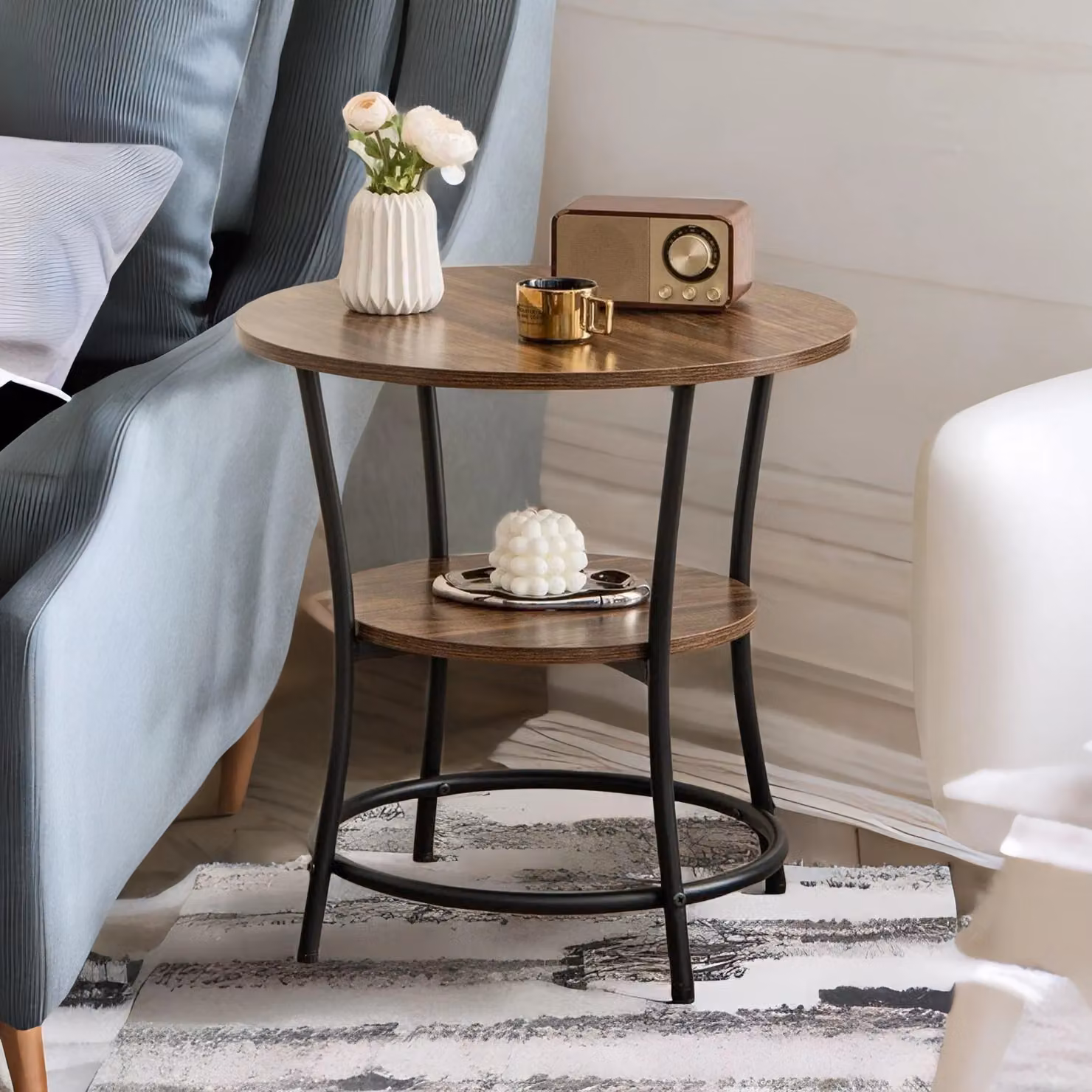 Rafaelo Mobilia Industrial Round Coffee Table with 2 Shelves in Brown and Black, W/D/H: 55 x 55 x 55 cm – 2