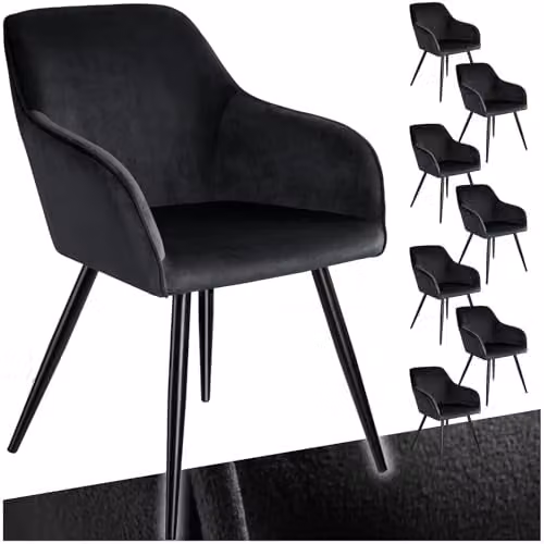 tectake Set of 8 Marilyn Dining Chairs in Black Velvet with Armrests and Metal Legs