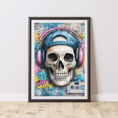 60 Second Makeover Skull Headphones Graffiti Print Urban Street Art Poster, Multicolour, W: 29.7 cm, H: 42.0 cm